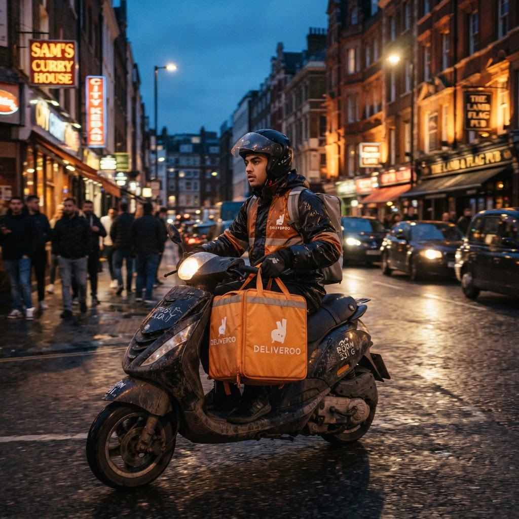 Delivery rider operating in a real-world city environment